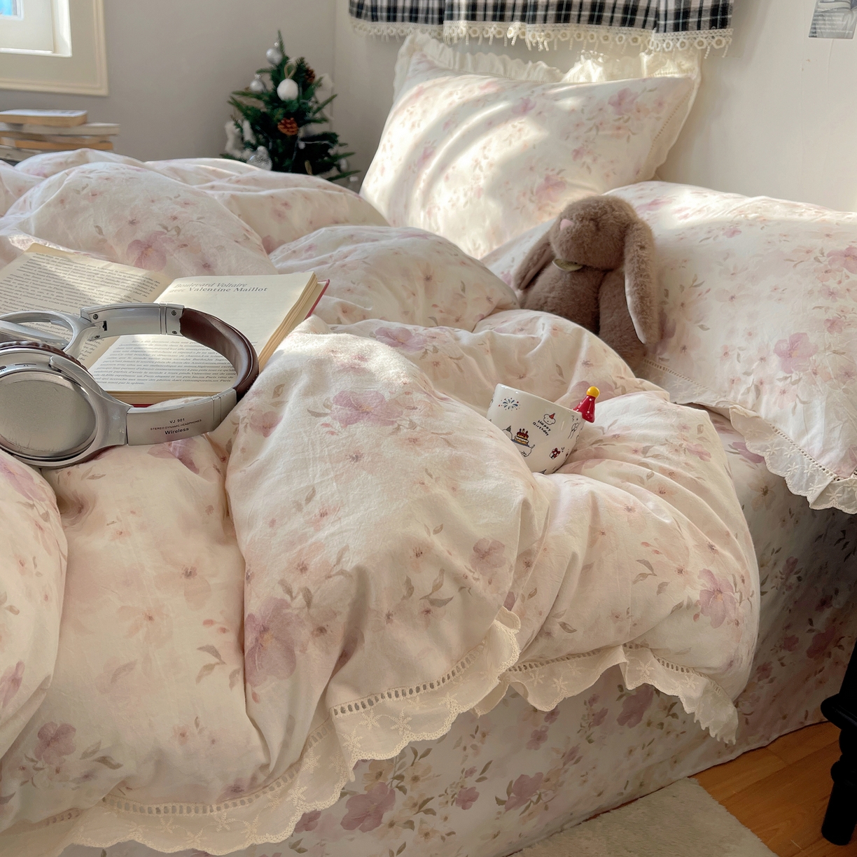 悦织湾家纺 2026新款镂空花边碎花款四件套印花学生宿舍床上用品三4件套单品被套枕套 紫霞