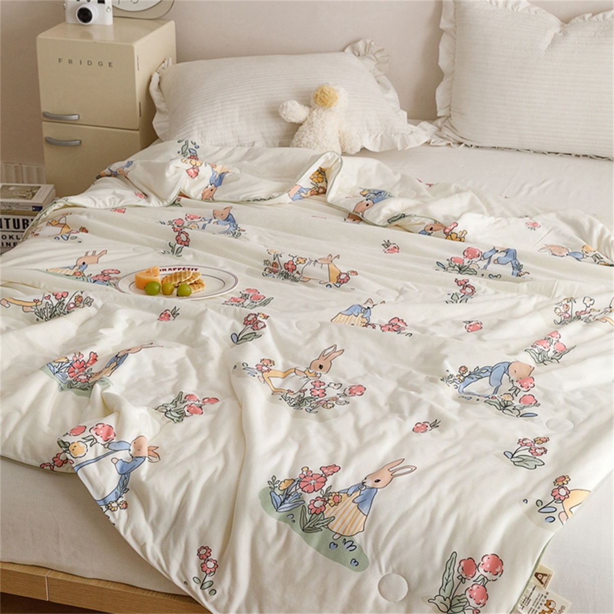 91家纺网 家纺一手货源 找家纺 优被业 2026新款A类牛奶丝针织棉软糯凉感大豆夏被空调被夏凉被(20%大豆国标包检测） 花园小兔