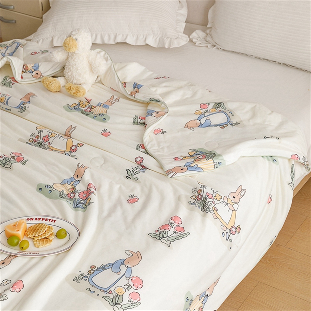 91家纺网 家纺一手货源 找家纺 优被业 2026新款A类牛奶丝针织棉软糯凉感大豆夏被空调被夏凉被(20%大豆国标包检测） 花园小兔