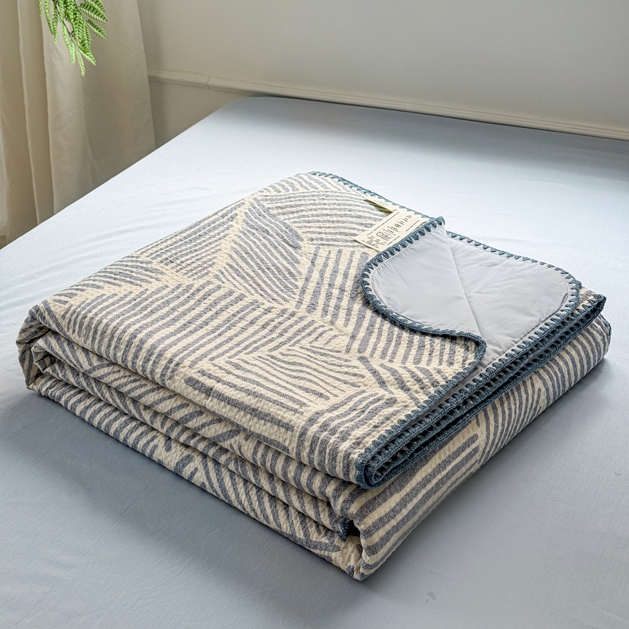 91家纺网 家纺一手货源 找家纺 雯雨家纺 2026新款里外全棉华夫格三角针夏被 简森蓝