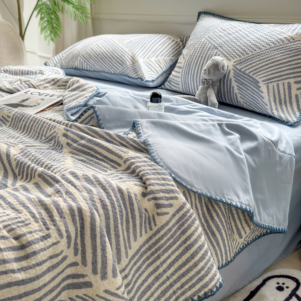 91家纺网 家纺一手货源 找家纺 雯雨家纺 2026新款里外全棉华夫格三角针夏被 简森蓝