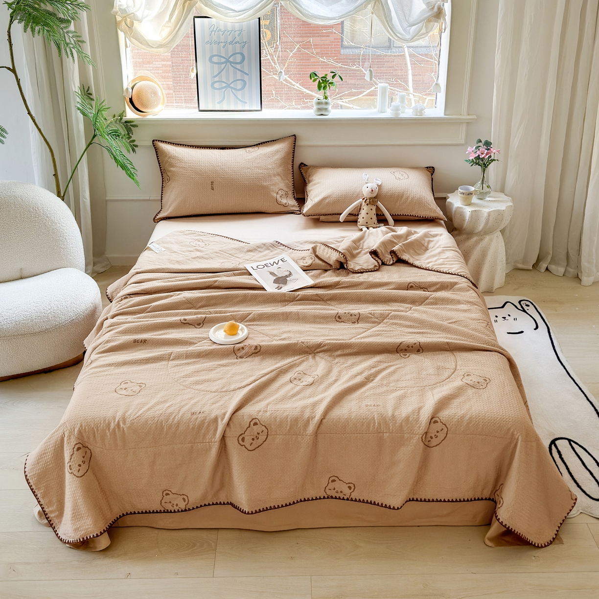 91家纺网 家纺一手货源 找家纺 雯雨家纺 2026新款里外全棉华夫格三角针夏被 萌动时光咖