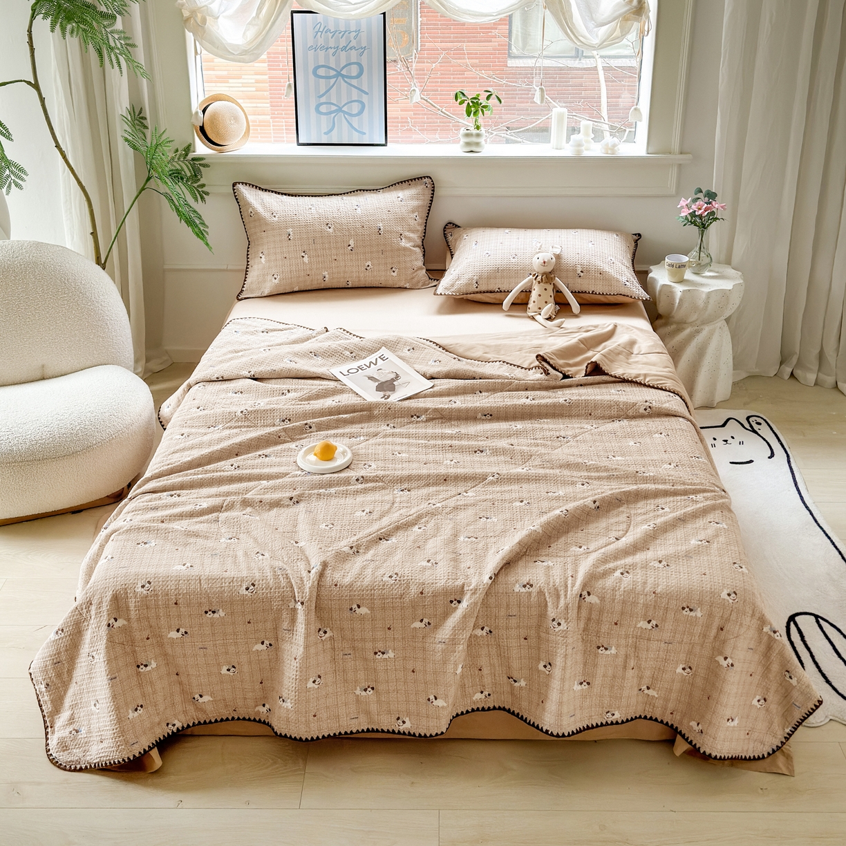 91家纺网 家纺一手货源 找家纺 雯雨家纺 2026新款里外全棉华夫格三角针夏被 流白小狗-米