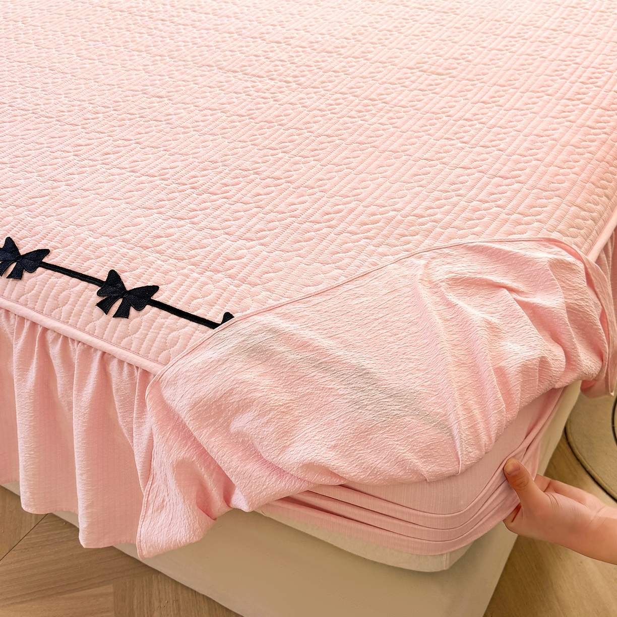 91家纺网 家纺一手货源 找家纺 眠势力 2026新款皱皱纱床裙款床笠双层纱床裙床笠二合一床罩单件-绮梦系列 绮梦-樱花粉