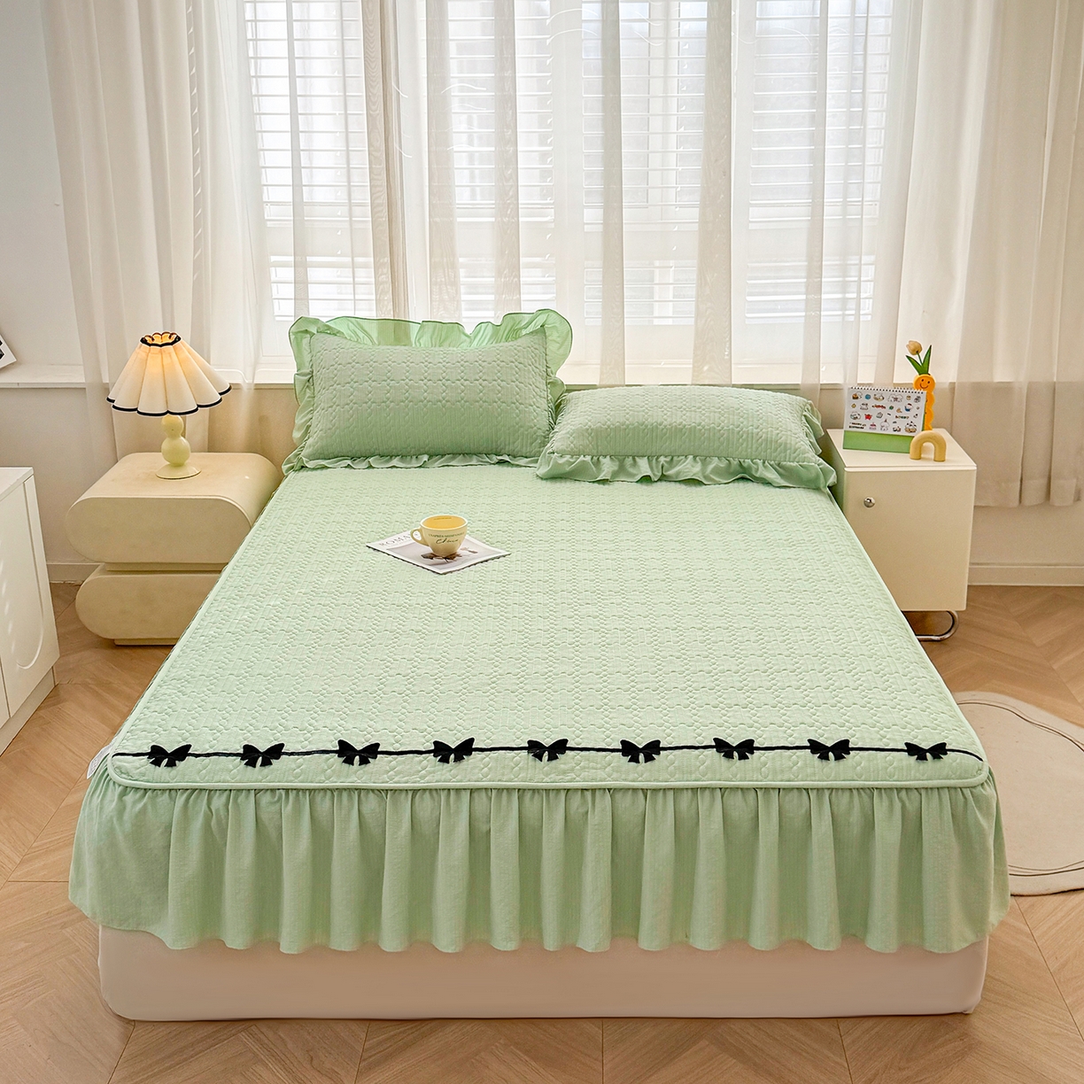 91家纺网 家纺一手货源 找家纺 眠势力 2026新款皱皱纱床裙款床笠双层纱床裙床笠二合一床罩单件-绮梦系列 绮梦-薄荷绿