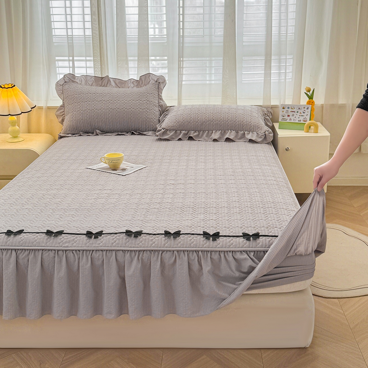 91家纺网 家纺一手货源 找家纺 眠势力 2026新款皱皱纱床裙款床笠双层纱床裙床笠二合一床罩单件-绮梦系列 绮梦-暮云灰