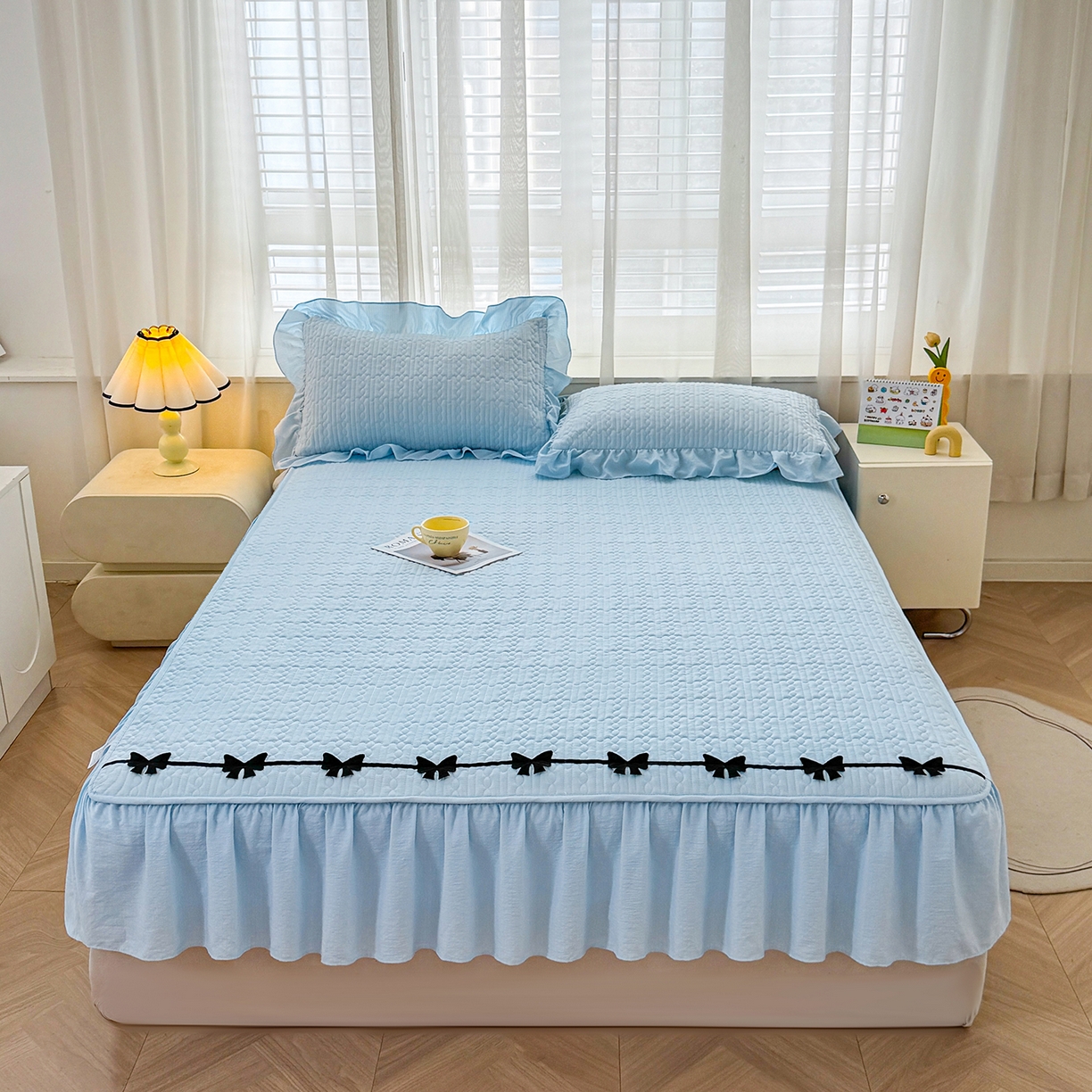 91家纺网 家纺一手货源 找家纺 眠势力 2026新款皱皱纱床裙款床笠双层纱床裙床笠二合一床罩单件-绮梦系列 绮梦-晴空兰