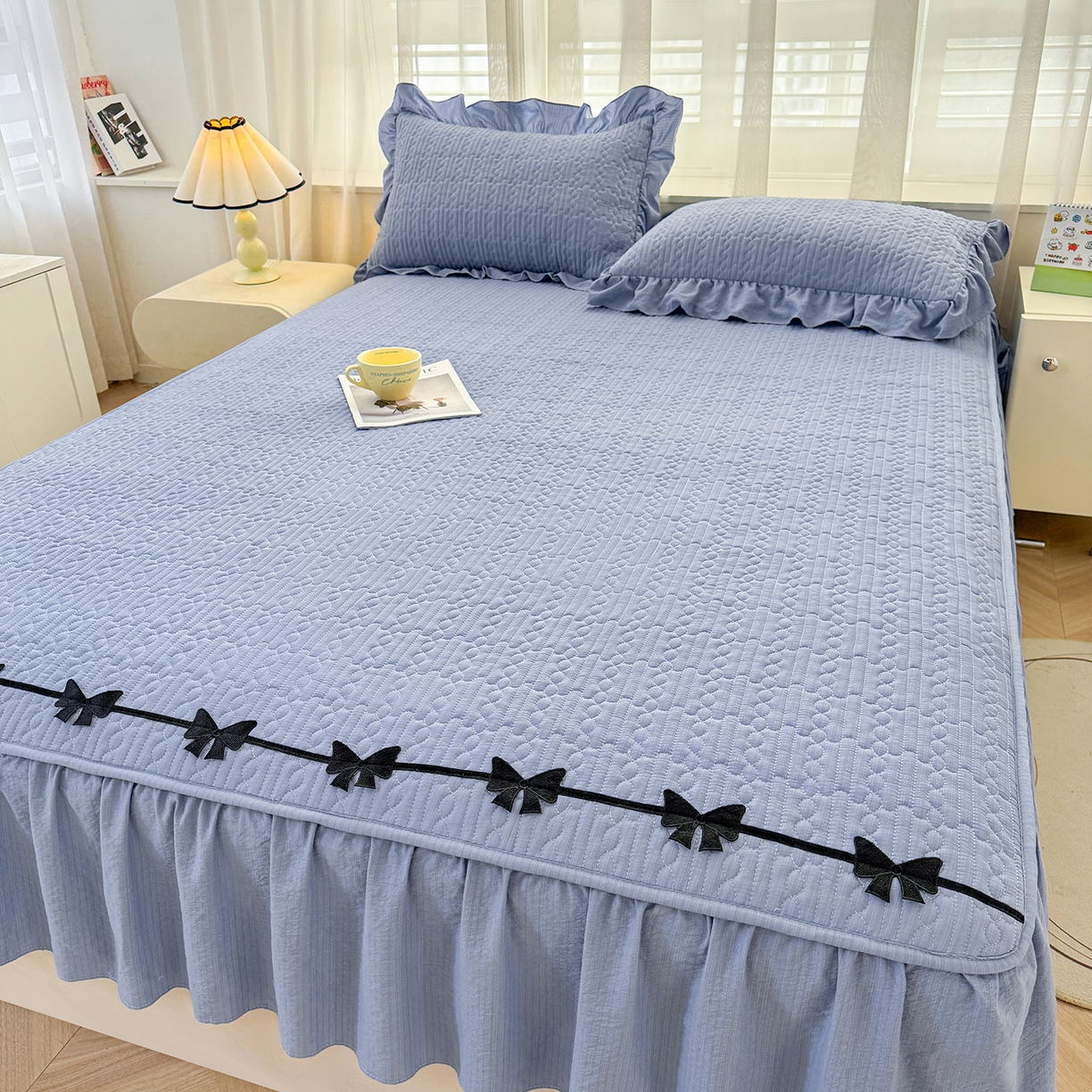 91家纺网 家纺一手货源 找家纺 眠势力 2026新款皱皱纱床裙款床笠双层纱床裙床笠二合一床罩单件-绮梦系列 绮梦-雾霾蓝