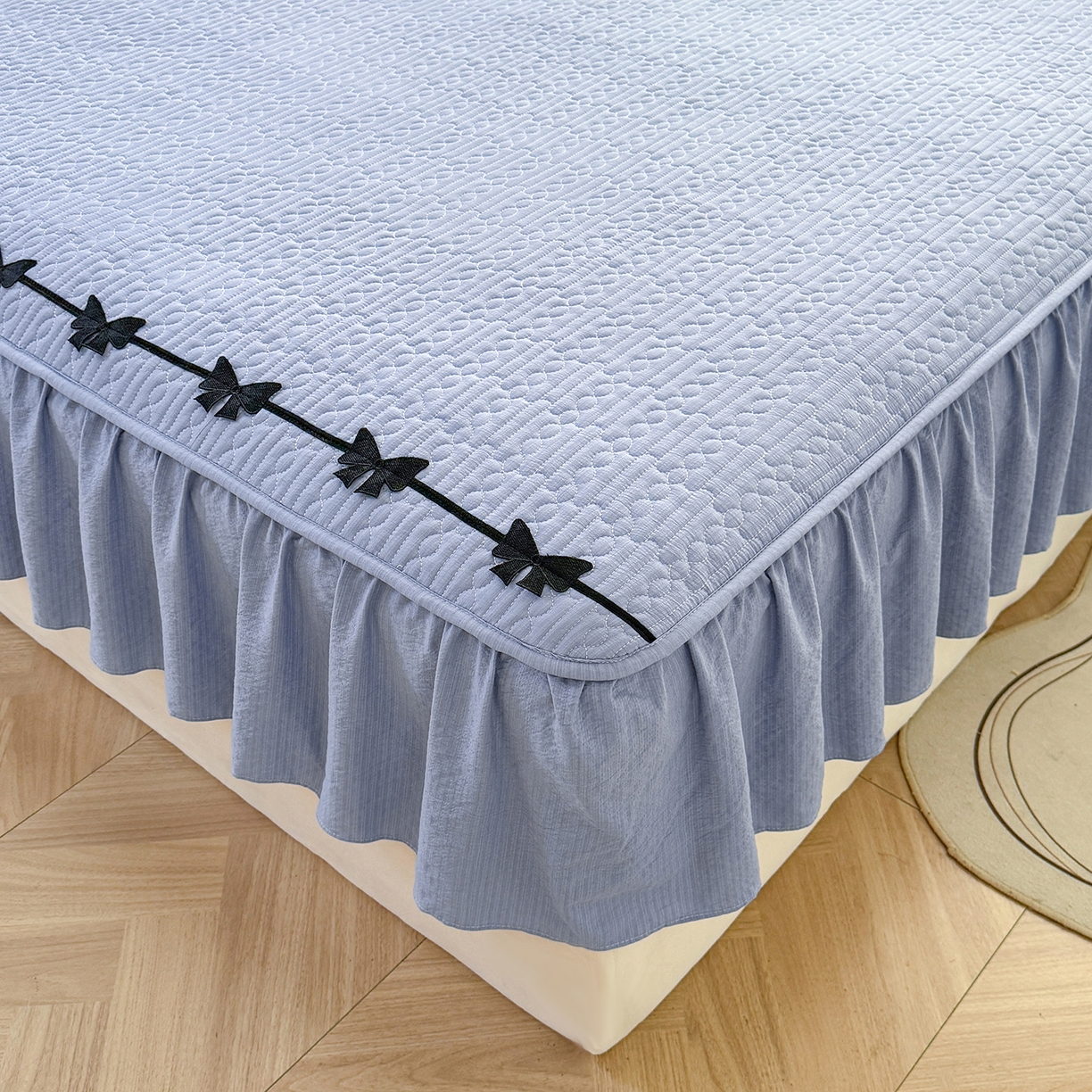 91家纺网 家纺一手货源 找家纺 眠势力 2026新款皱皱纱床裙款床笠双层纱床裙床笠二合一床罩单件-绮梦系列 绮梦-雾霾蓝