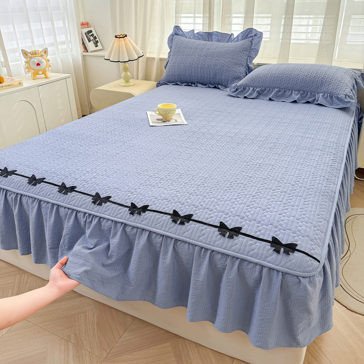 91家纺网 家纺一手货源 找家纺 眠势力 2026新款皱皱纱床裙款床笠双层纱床裙床笠二合一床罩单件-绮梦系列 绮梦-雾霾蓝