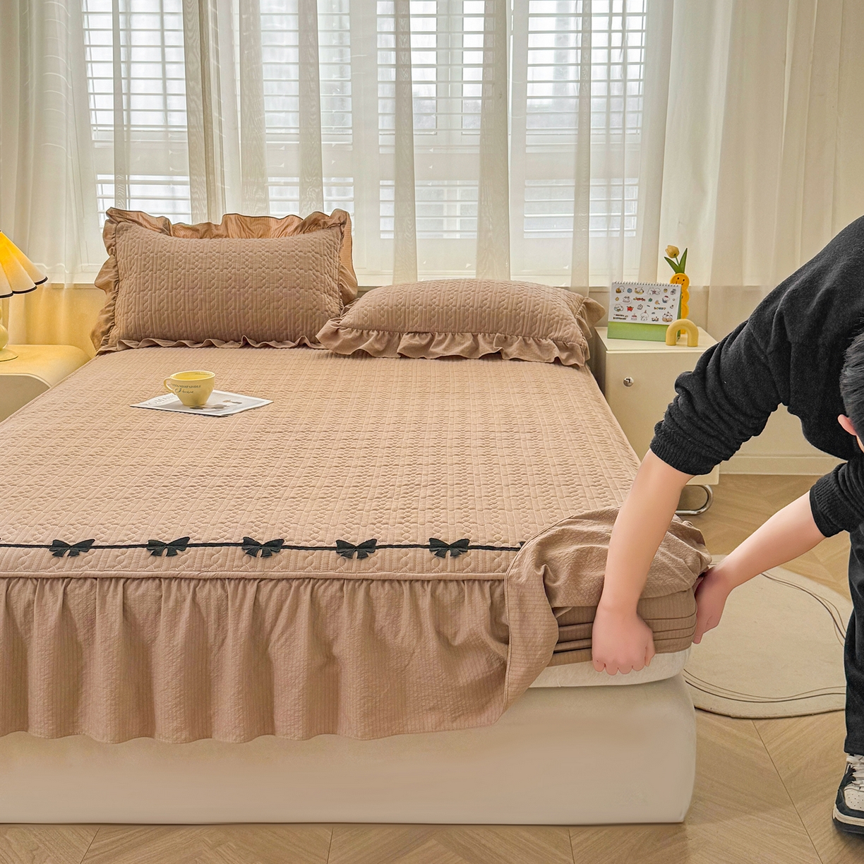 91家纺网 家纺一手货源 找家纺 眠势力 2026新款皱皱纱床裙款床笠双层纱床裙床笠二合一床罩单件-绮梦系列 绮梦-燕麦卡
