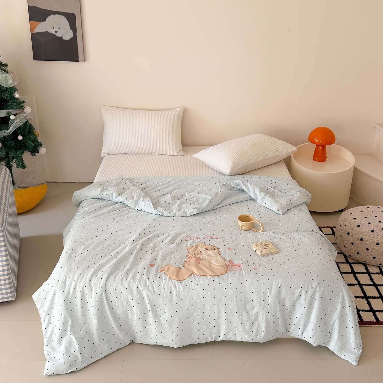 91家纺网 家纺一手货源 找家纺 吾欢心 2026春夏新款水洗棉可爱卡通贴布绣花单夏被空调被夏凉被 蛋糕猫酱