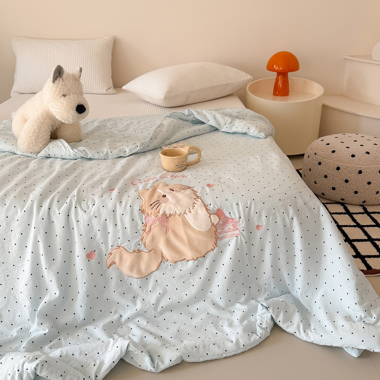 91家纺网 家纺一手货源 找家纺 吾欢心 2026春夏新款水洗棉可爱卡通贴布绣花单夏被空调被夏凉被 蛋糕猫酱