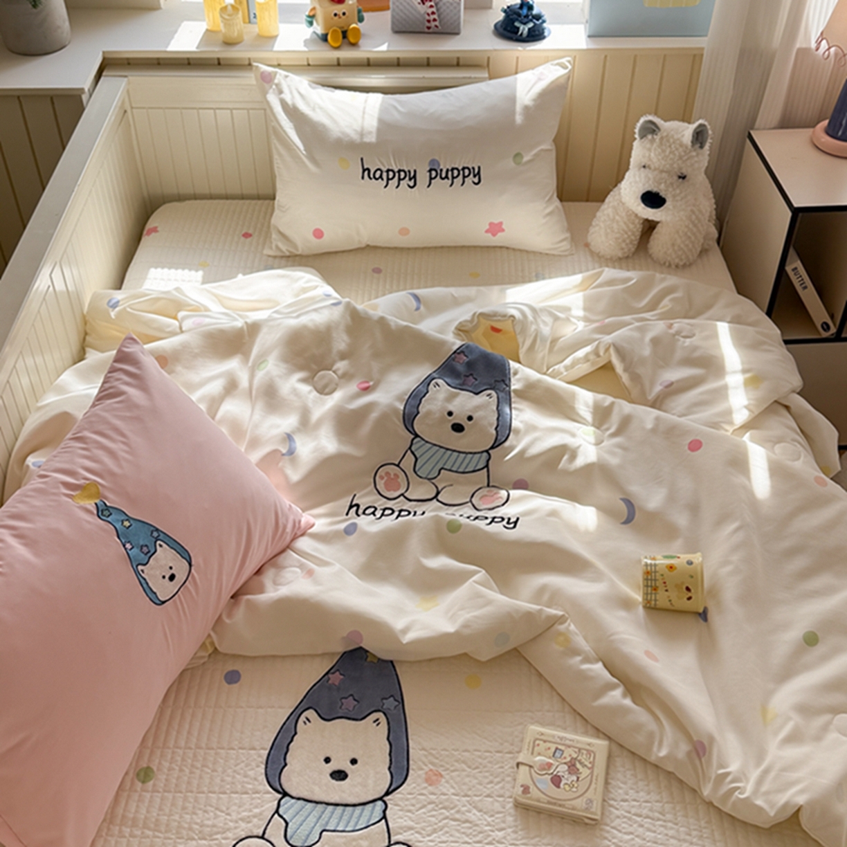 91家纺网 家纺一手货源 找家纺 吾欢心 2026春夏新款水洗棉可爱卡通贴布绣花单夏被空调被夏凉被 开心露比