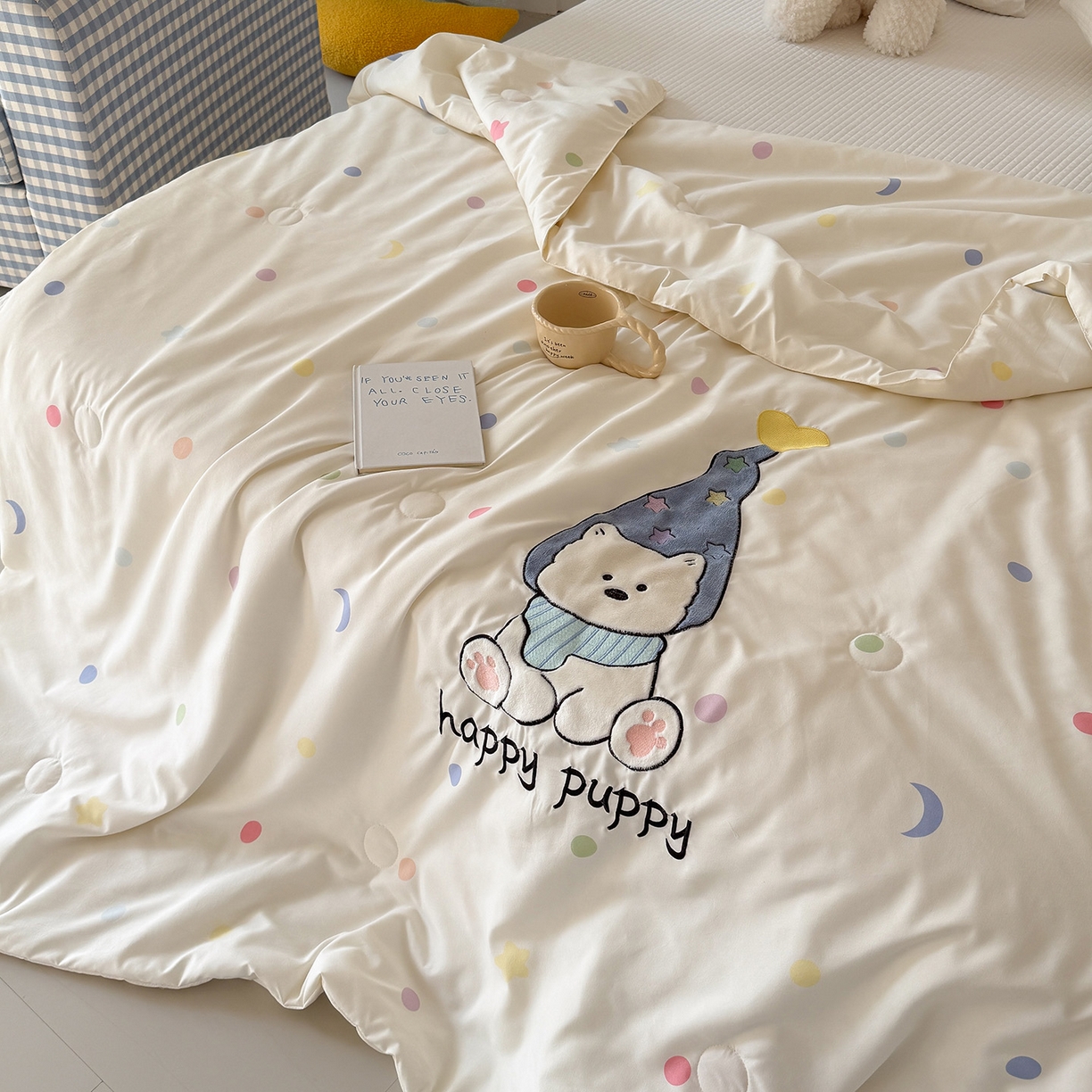 91家纺网 家纺一手货源 找家纺 吾欢心 2026春夏新款水洗棉可爱卡通贴布绣花单夏被空调被夏凉被 开心露比