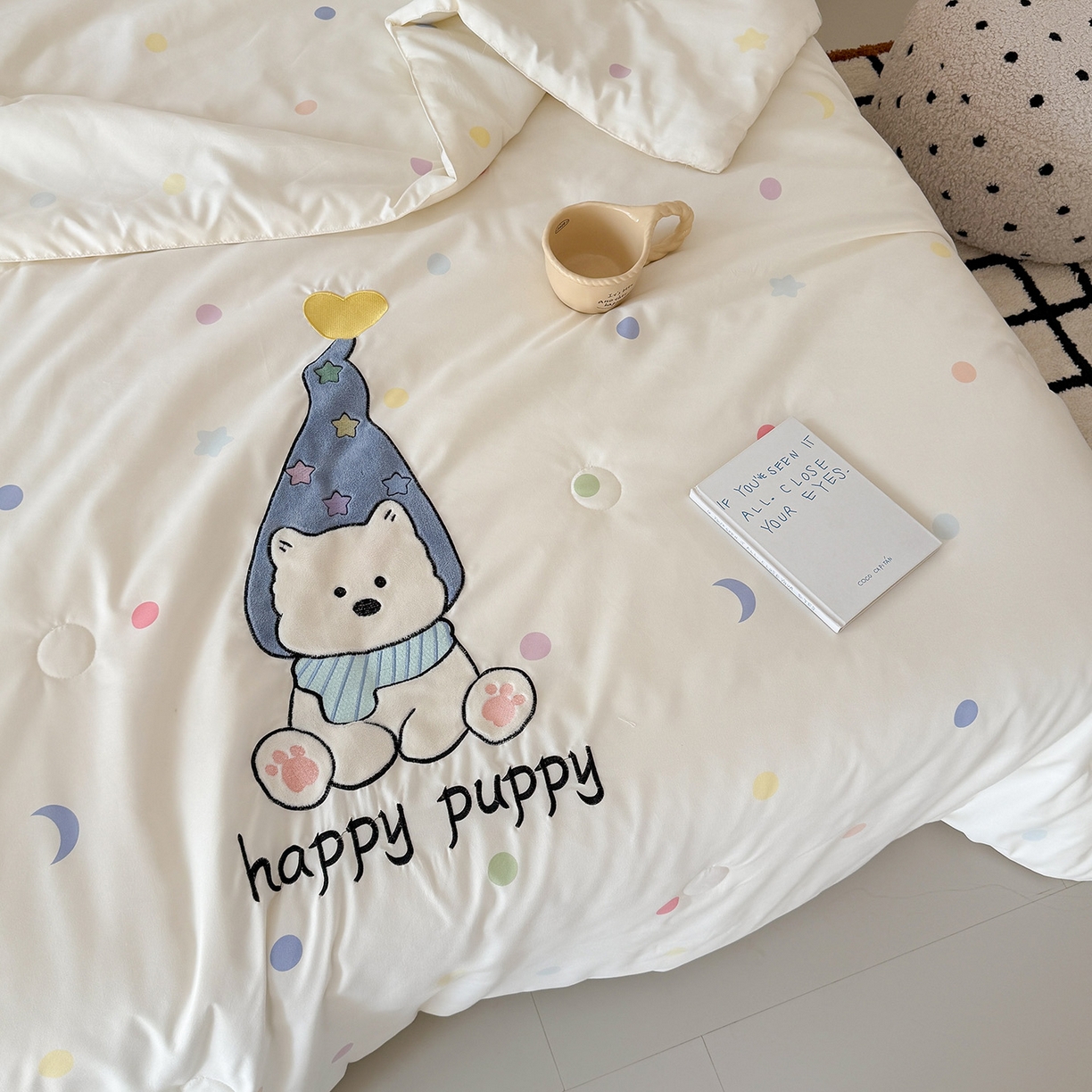 91家纺网 家纺一手货源 找家纺 吾欢心 2026春夏新款水洗棉可爱卡通贴布绣花单夏被空调被夏凉被 开心露比