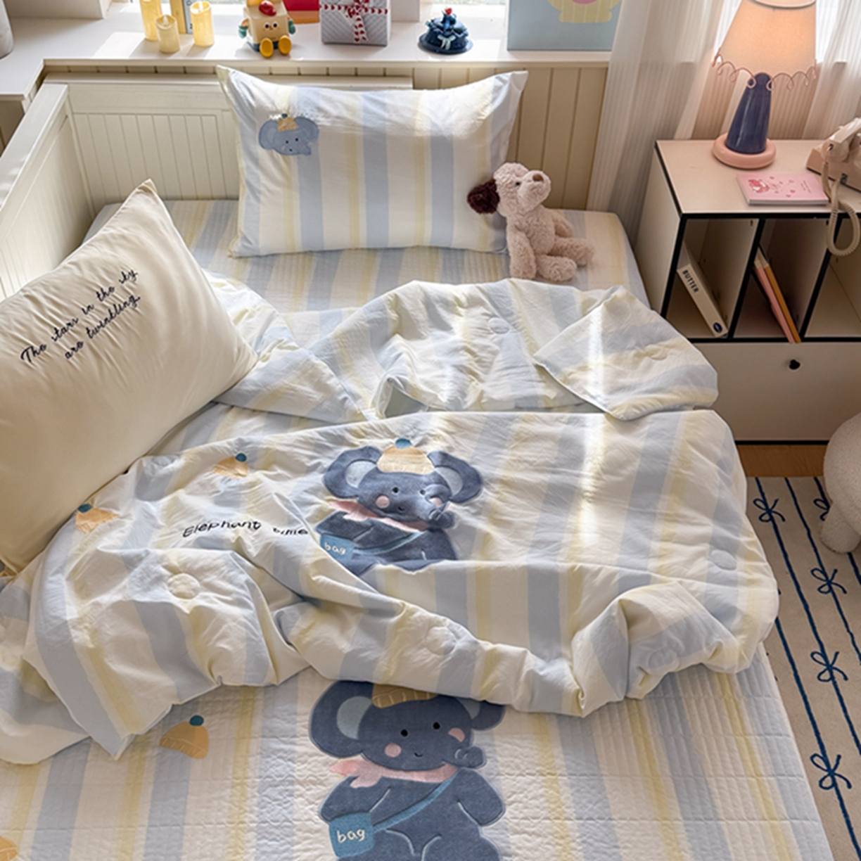 91家纺网 家纺一手货源 找家纺 吾欢心 2026春夏新款水洗棉可爱卡通贴布绣花单夏被空调被夏凉被 萌萌小象