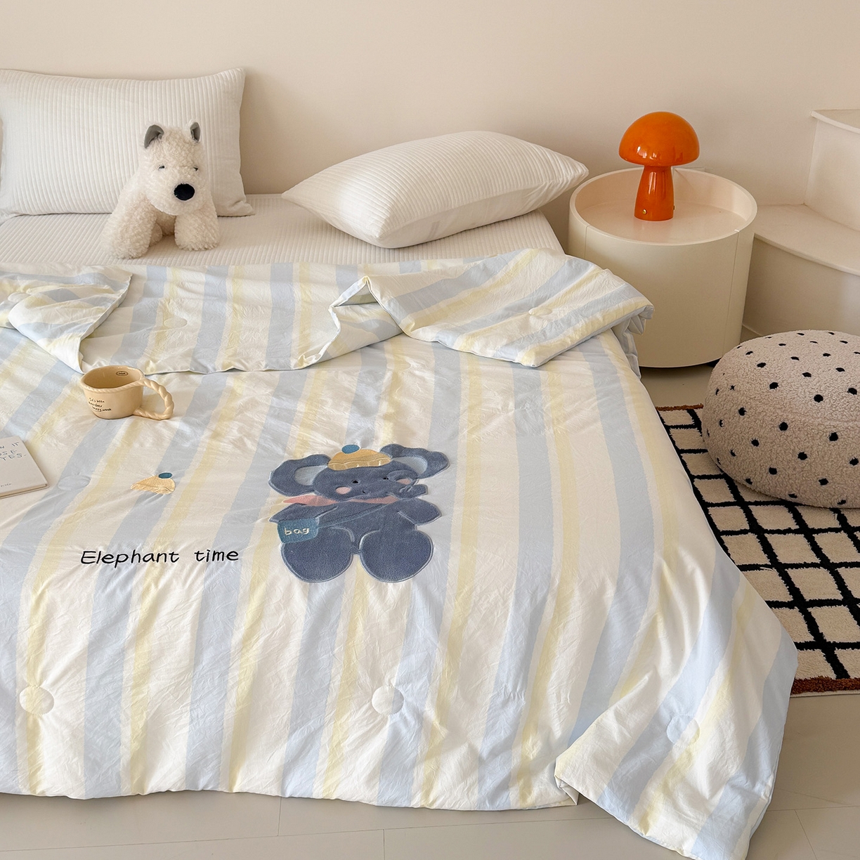 吾欢心 2026春夏新款水洗棉可爱卡通贴布绣花单夏被空调被夏凉被 萌萌小象