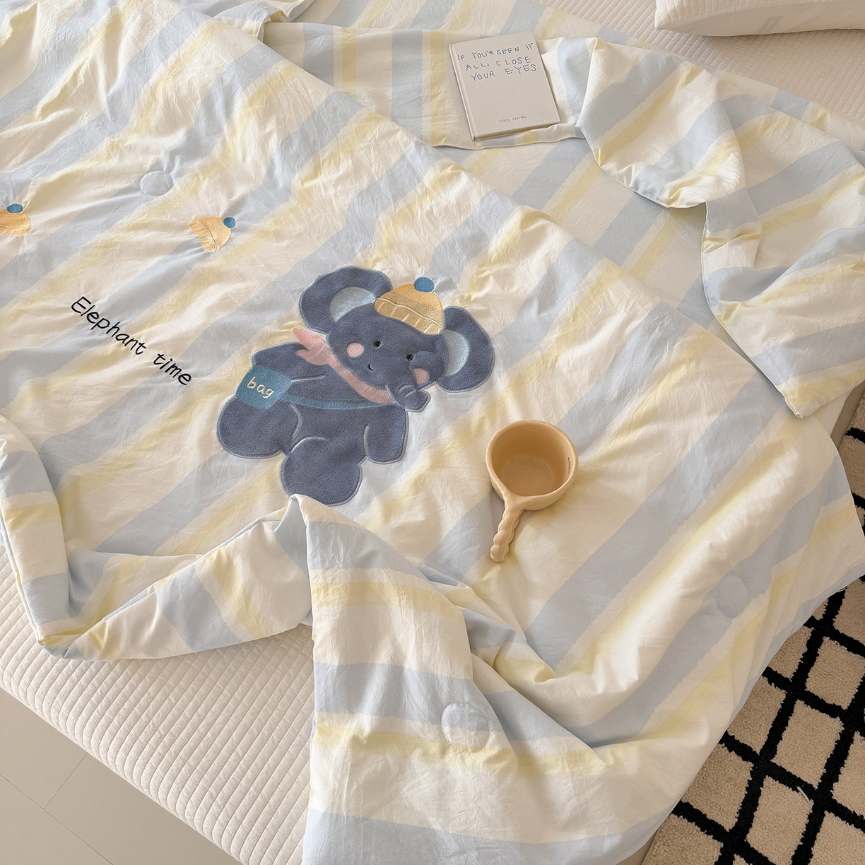 91家纺网 家纺一手货源 找家纺 吾欢心 2026春夏新款水洗棉可爱卡通贴布绣花单夏被空调被夏凉被 萌萌小象