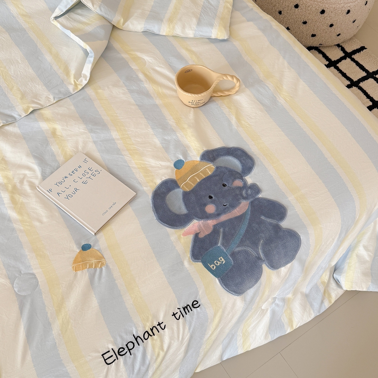 91家纺网 家纺一手货源 找家纺 吾欢心 2026春夏新款水洗棉可爱卡通贴布绣花单夏被空调被夏凉被 萌萌小象