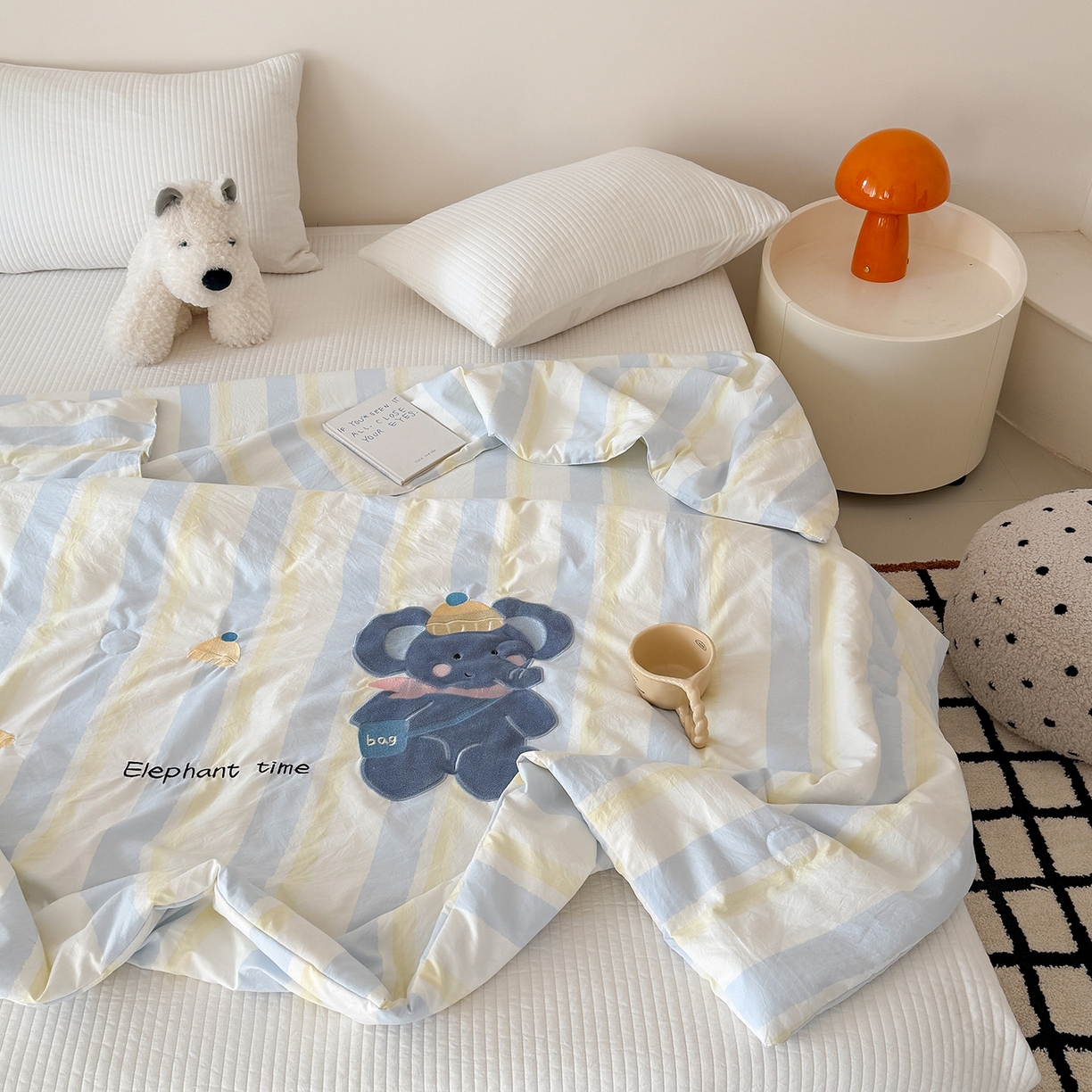 91家纺网 家纺一手货源 找家纺 吾欢心 2026春夏新款水洗棉可爱卡通贴布绣花单夏被空调被夏凉被 萌萌小象