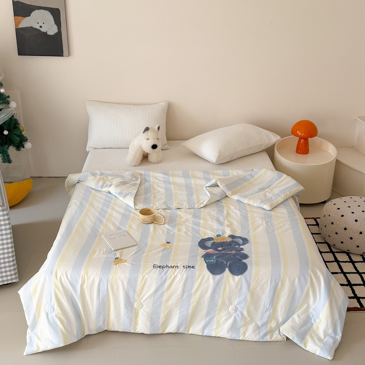 91家纺网 家纺一手货源 找家纺 吾欢心 2026春夏新款水洗棉可爱卡通贴布绣花单夏被空调被夏凉被 萌萌小象