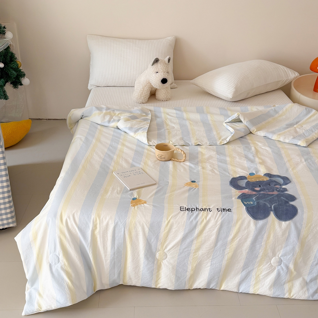 91家纺网 家纺一手货源 找家纺 吾欢心 2026春夏新款水洗棉可爱卡通贴布绣花单夏被空调被夏凉被 萌萌小象