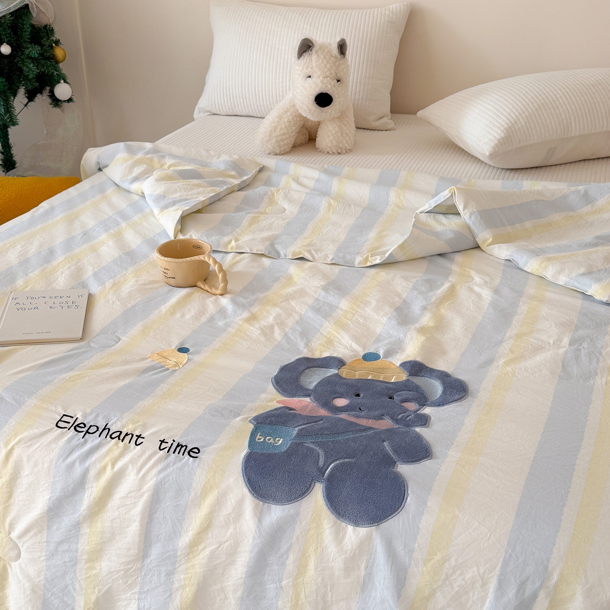 91家纺网 家纺一手货源 找家纺 吾欢心 2026春夏新款水洗棉可爱卡通贴布绣花单夏被空调被夏凉被 萌萌小象