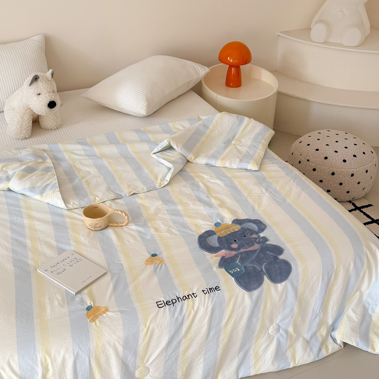 91家纺网 家纺一手货源 找家纺 吾欢心 2026春夏新款水洗棉可爱卡通贴布绣花单夏被空调被夏凉被 萌萌小象