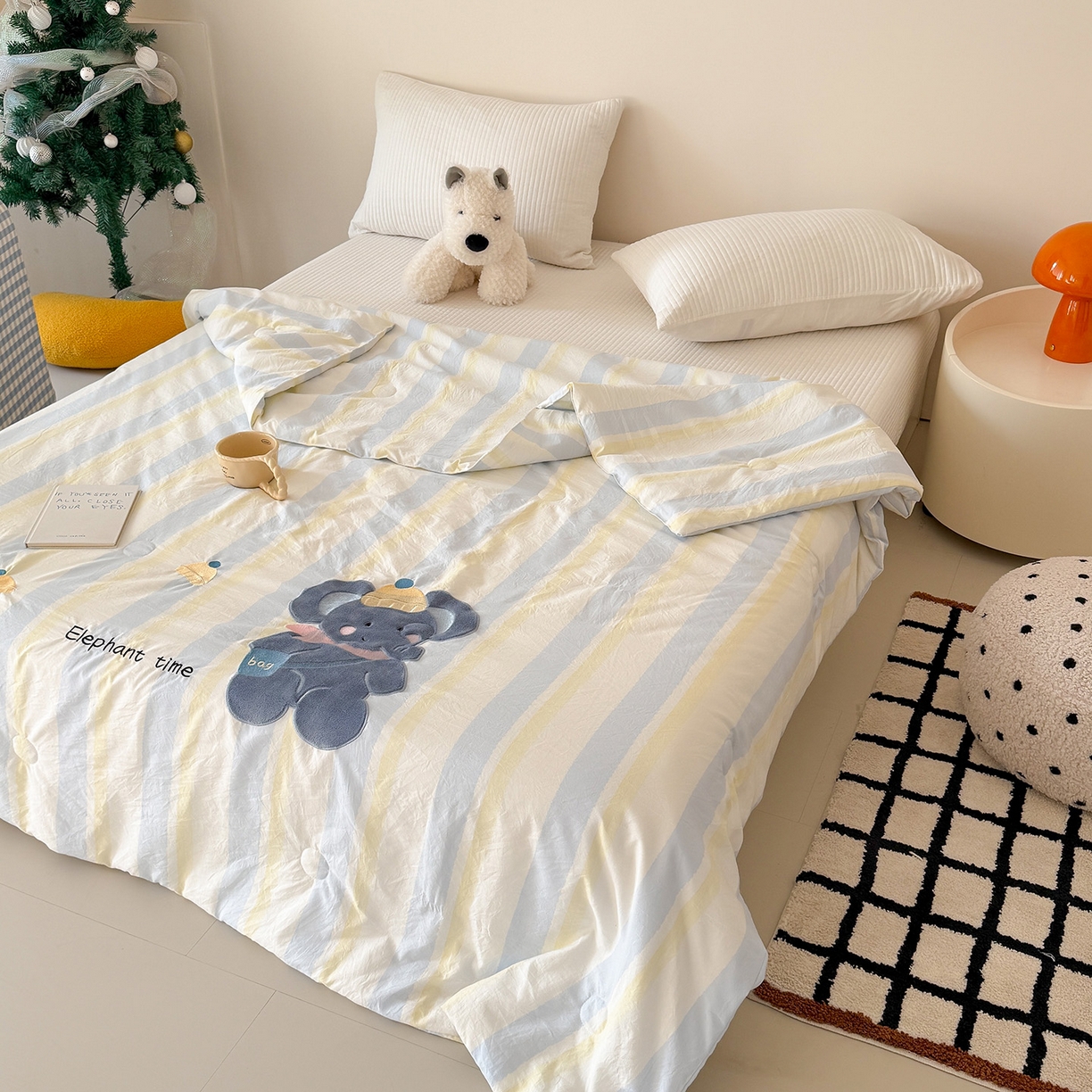 91家纺网 家纺一手货源 找家纺 吾欢心 2026春夏新款水洗棉可爱卡通贴布绣花单夏被空调被夏凉被 萌萌小象