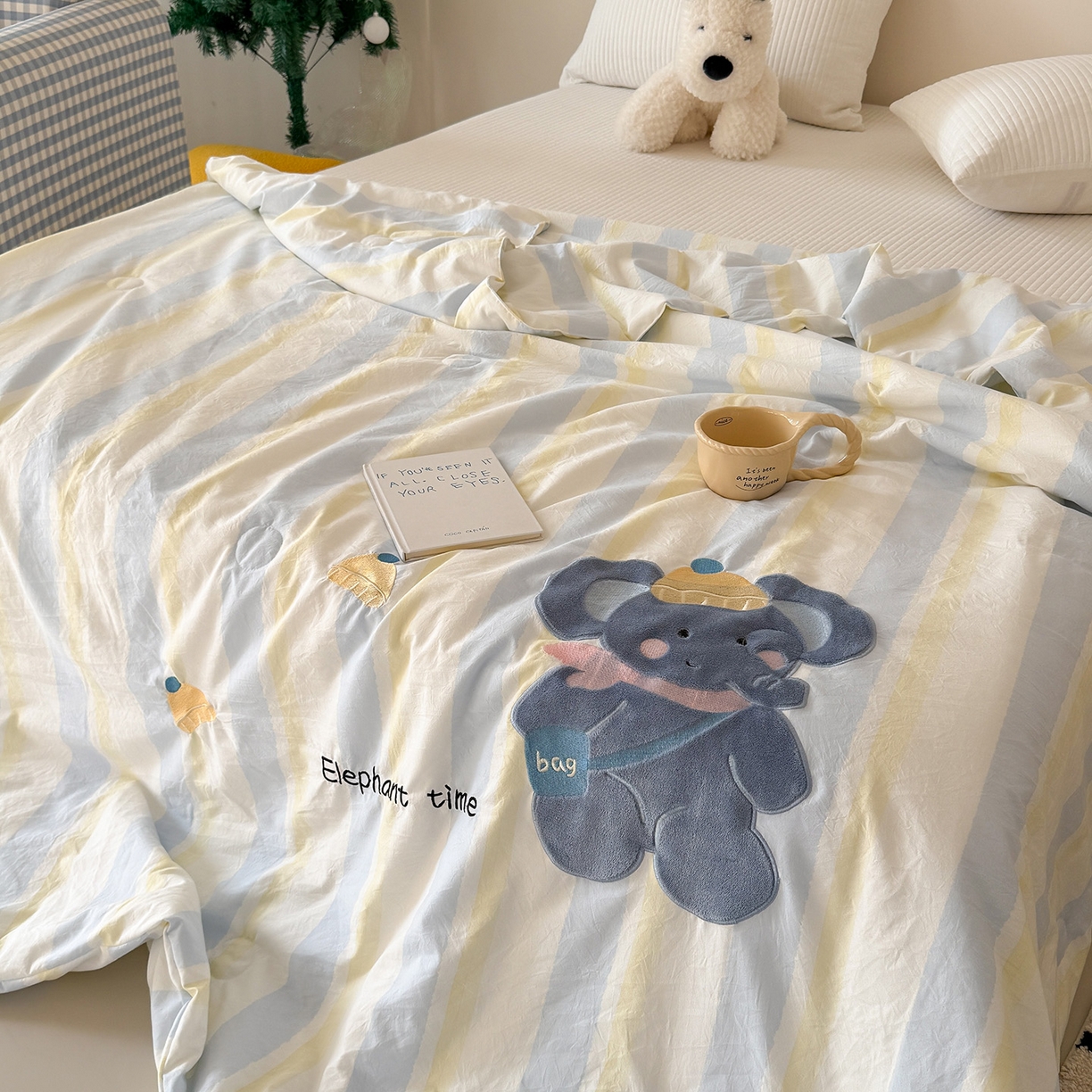 91家纺网 家纺一手货源 找家纺 吾欢心 2026春夏新款水洗棉可爱卡通贴布绣花单夏被空调被夏凉被 萌萌小象