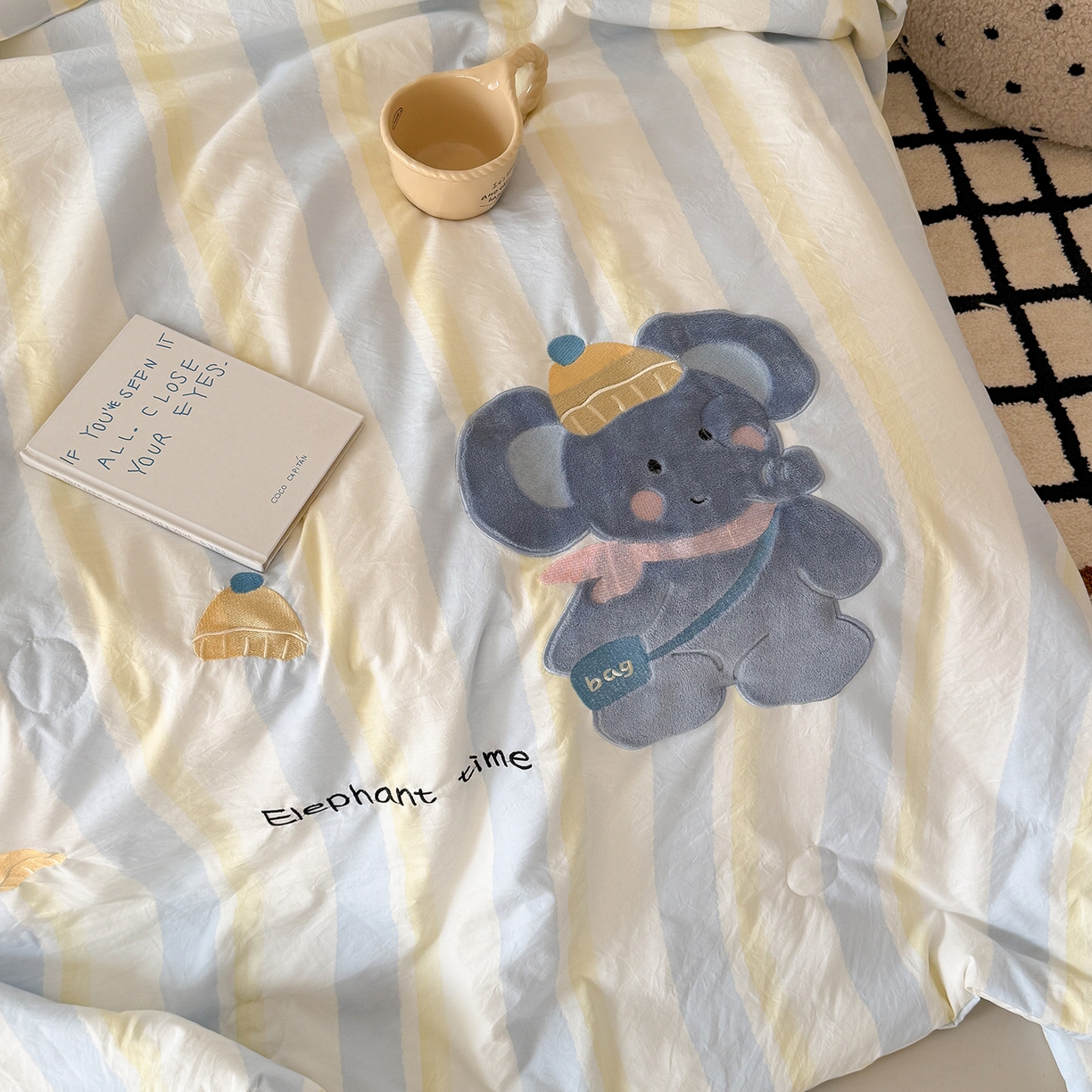 91家纺网 家纺一手货源 找家纺 吾欢心 2026春夏新款水洗棉可爱卡通贴布绣花单夏被空调被夏凉被 萌萌小象