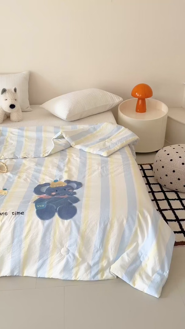 91家纺网 家纺一手货源 找家纺 吾欢心 2026春夏新款水洗棉可爱卡通贴布绣花单夏被空调被夏凉被 萌萌小象