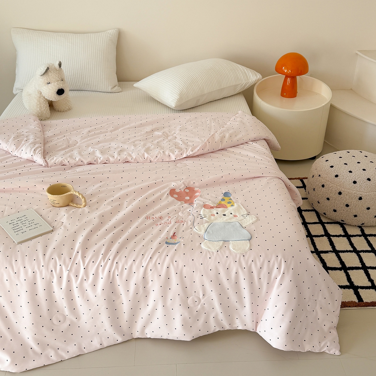 吾欢心 2026春夏新款水洗棉可爱卡通贴布绣花单夏被空调被夏凉被 气球猫咪