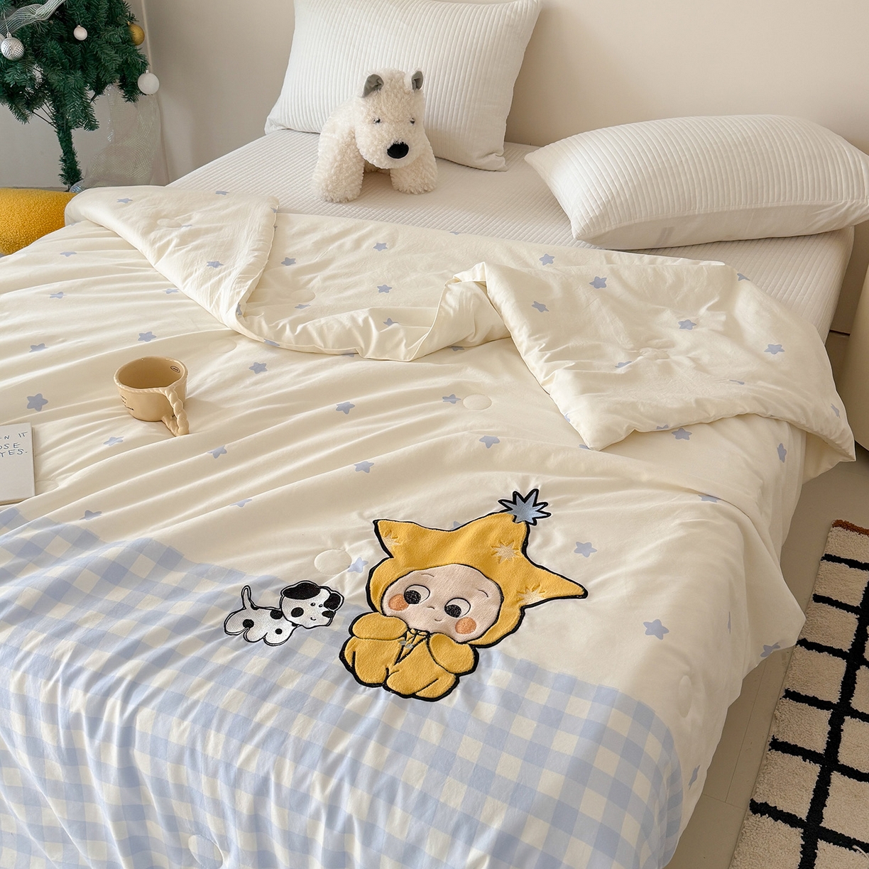 91家纺网 家纺一手货源 找家纺 吾欢心 2026春夏新款水洗棉可爱卡通贴布绣花单夏被空调被夏凉被 星星宝贝