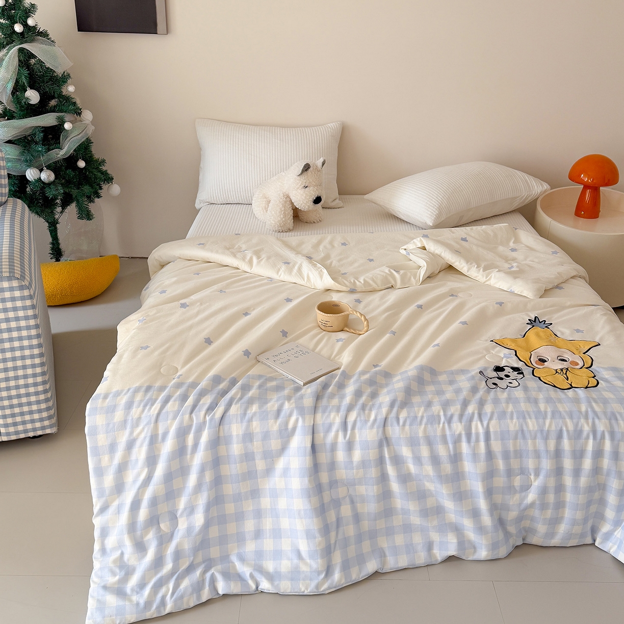 91家纺网 家纺一手货源 找家纺 吾欢心 2026春夏新款水洗棉可爱卡通贴布绣花单夏被空调被夏凉被 星星宝贝