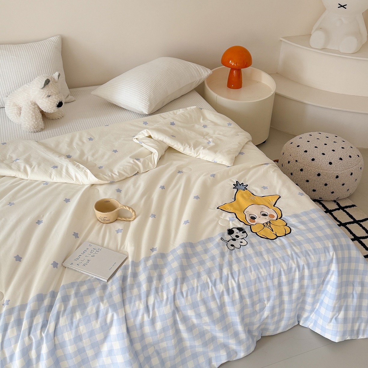 91家纺网 家纺一手货源 找家纺 吾欢心 2026春夏新款水洗棉可爱卡通贴布绣花单夏被空调被夏凉被 星星宝贝