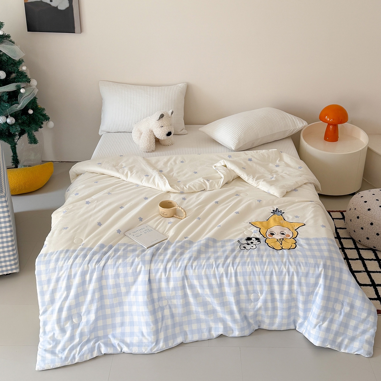 91家纺网 家纺一手货源 找家纺 吾欢心 2026春夏新款水洗棉可爱卡通贴布绣花单夏被空调被夏凉被 星星宝贝