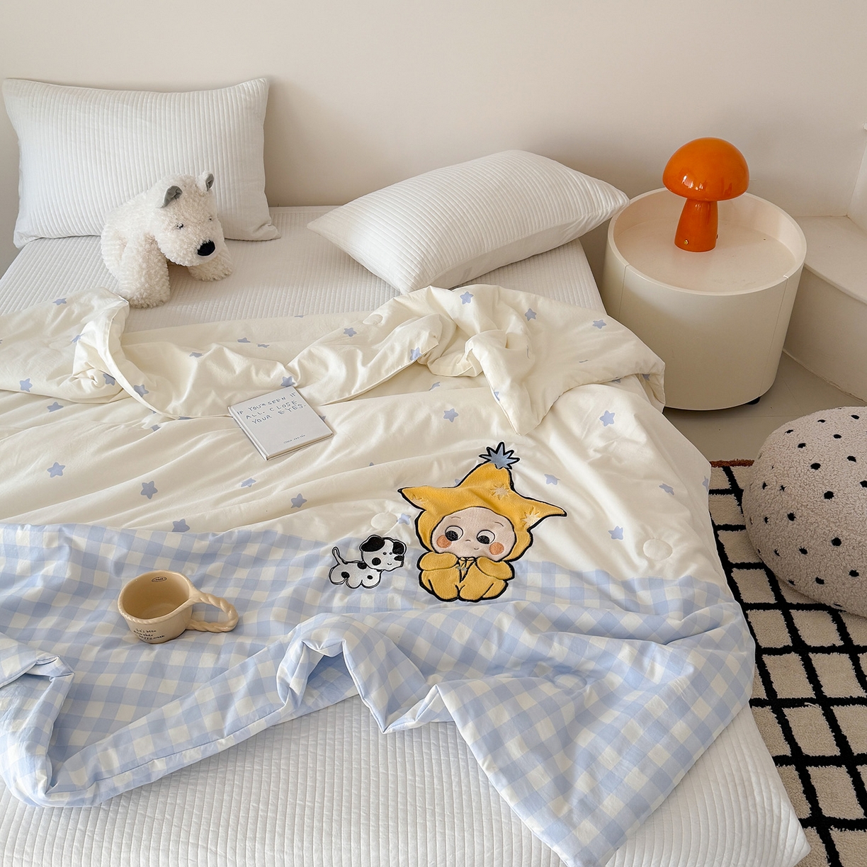 91家纺网 家纺一手货源 找家纺 吾欢心 2026春夏新款水洗棉可爱卡通贴布绣花单夏被空调被夏凉被 星星宝贝