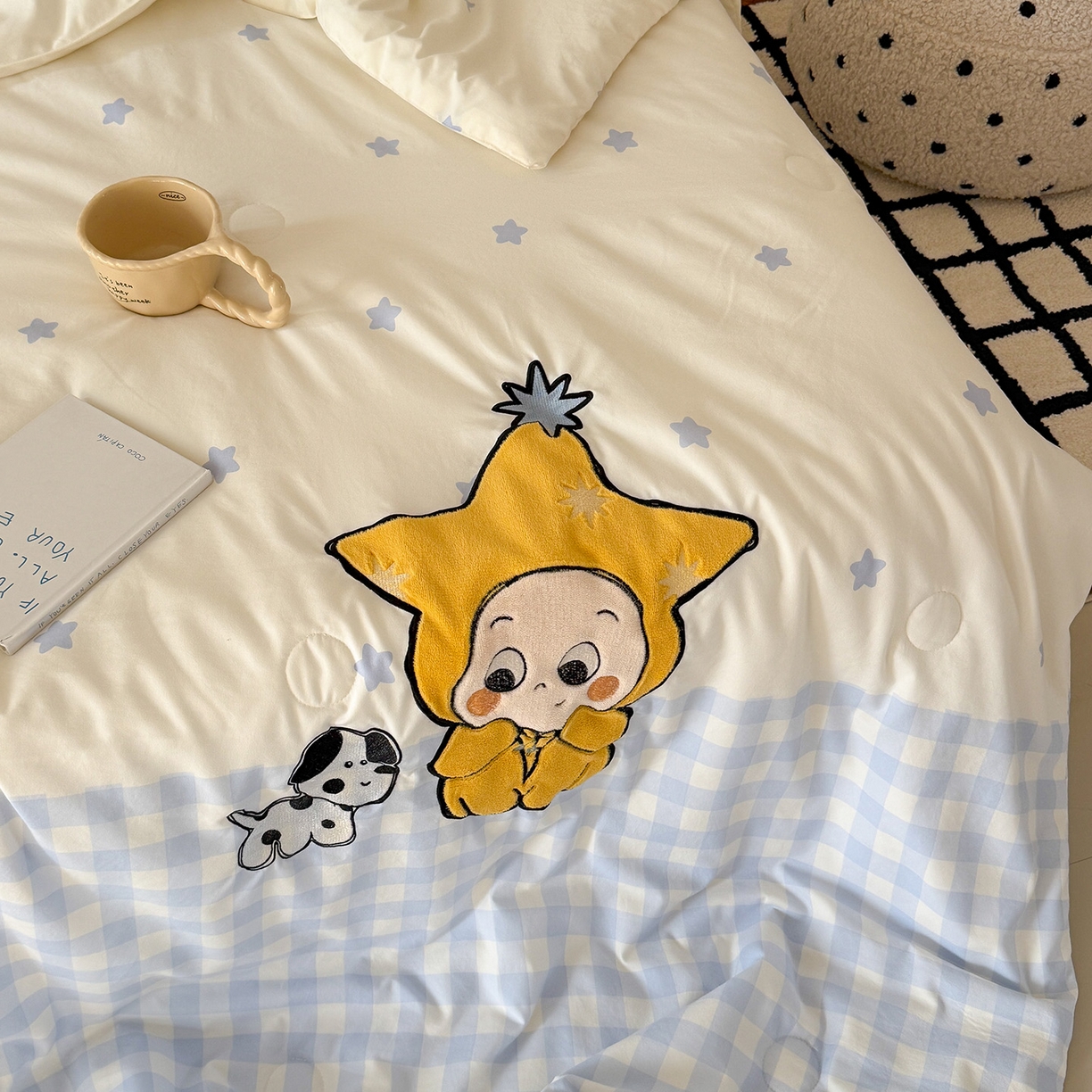 91家纺网 家纺一手货源 找家纺 吾欢心 2026春夏新款水洗棉可爱卡通贴布绣花单夏被空调被夏凉被 星星宝贝