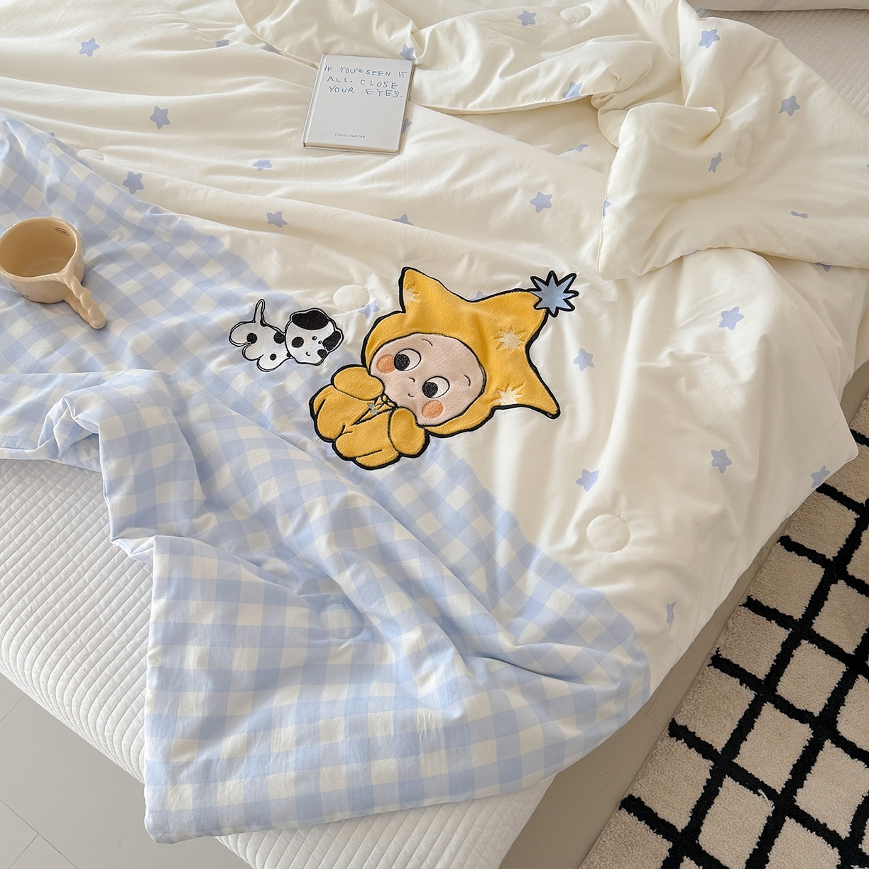 91家纺网 家纺一手货源 找家纺 吾欢心 2026春夏新款水洗棉可爱卡通贴布绣花单夏被空调被夏凉被 星星宝贝