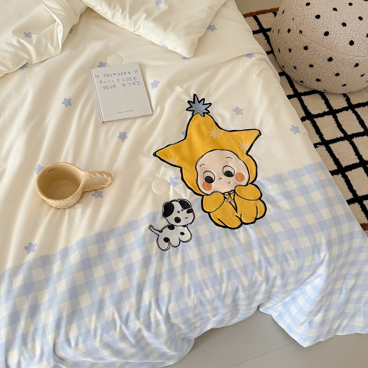 91家纺网 家纺一手货源 找家纺 吾欢心 2026春夏新款水洗棉可爱卡通贴布绣花单夏被空调被夏凉被 星星宝贝