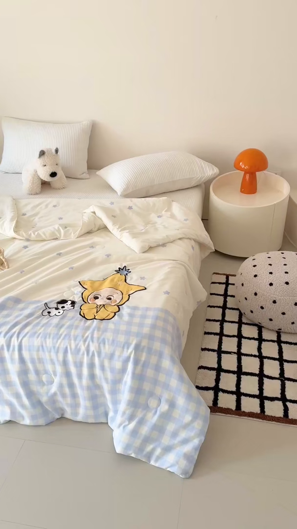 91家纺网 家纺一手货源 找家纺 吾欢心 2026春夏新款水洗棉可爱卡通贴布绣花单夏被空调被夏凉被 星星宝贝