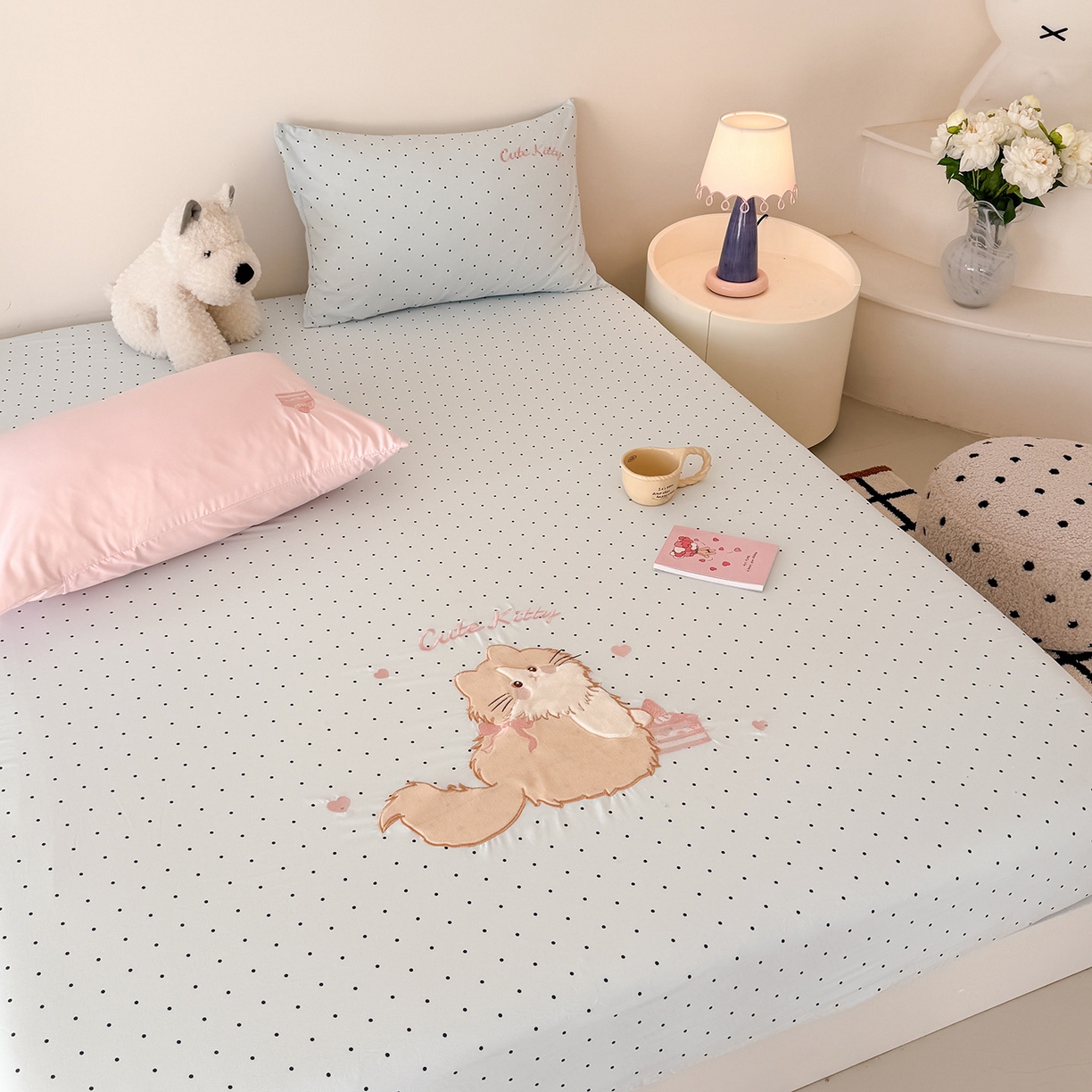 91家纺网 家纺一手货源 找家纺 吾欢心 2026新款水洗棉可爱卡通贴布绣花床笠单品床笠单件床笠三件套 蛋糕猫酱