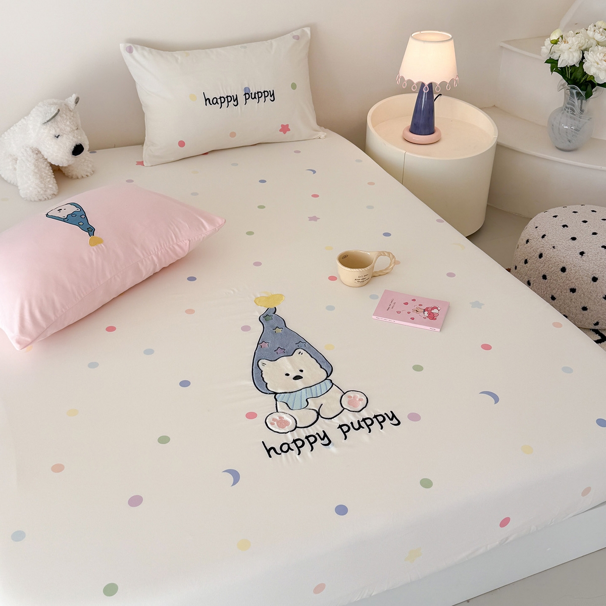 91家纺网 家纺一手货源 找家纺 吾欢心 2026新款水洗棉可爱卡通贴布绣花床笠单品床笠单件床笠三件套 开心露比