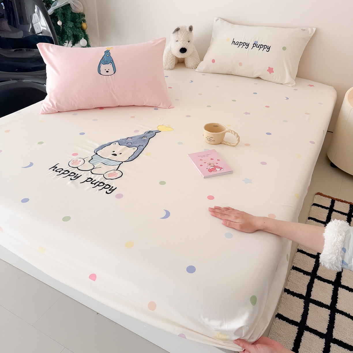 吾欢心 2026新款水洗棉可爱卡通贴布绣花床笠单品床笠单件床笠三件套 开心露比