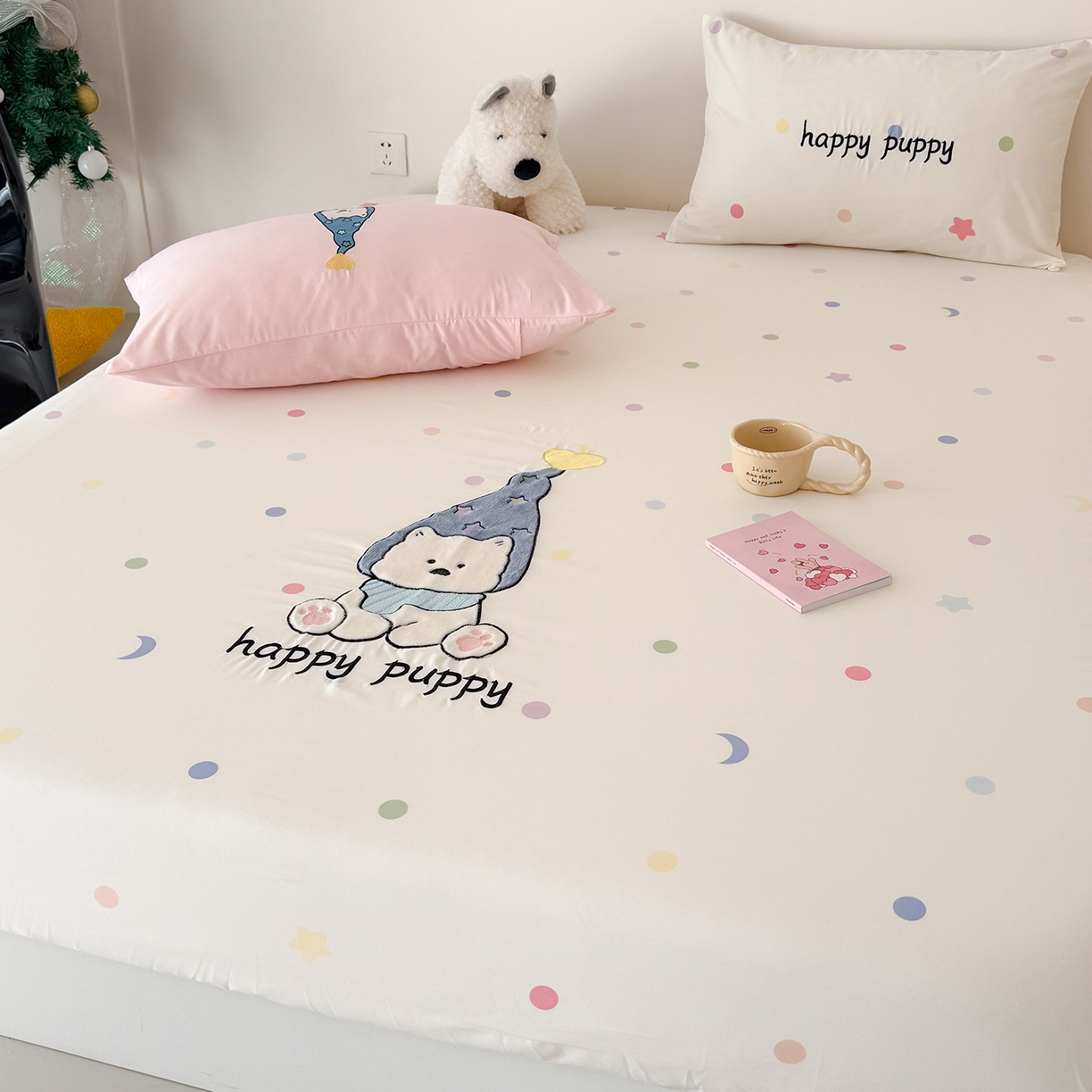 91家纺网 家纺一手货源 找家纺 吾欢心 2026新款水洗棉可爱卡通贴布绣花床笠单品床笠单件床笠三件套 开心露比