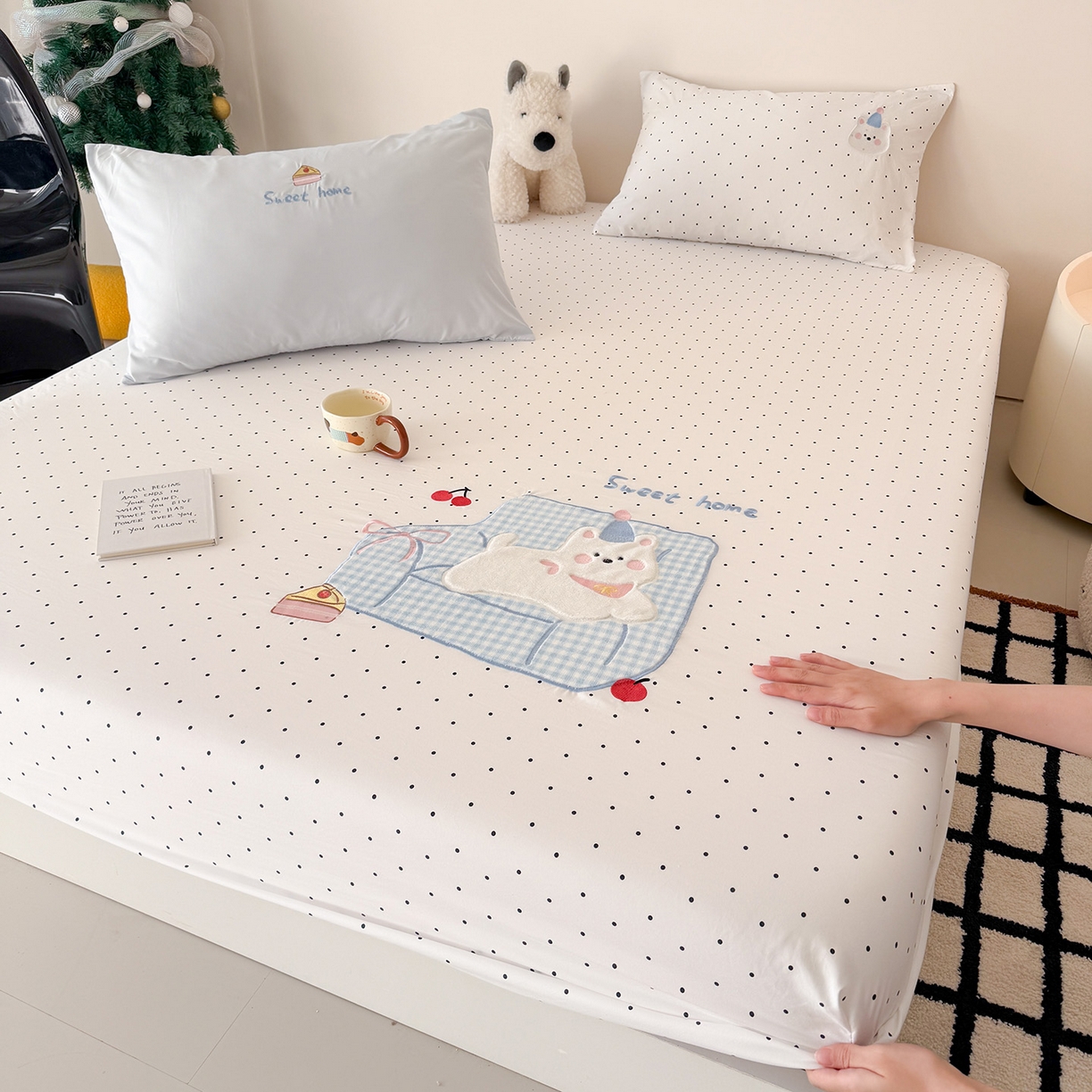 吾欢心 2026新款水洗棉可爱卡通贴布绣花床笠单品床笠单件床笠三件套 沙发狗