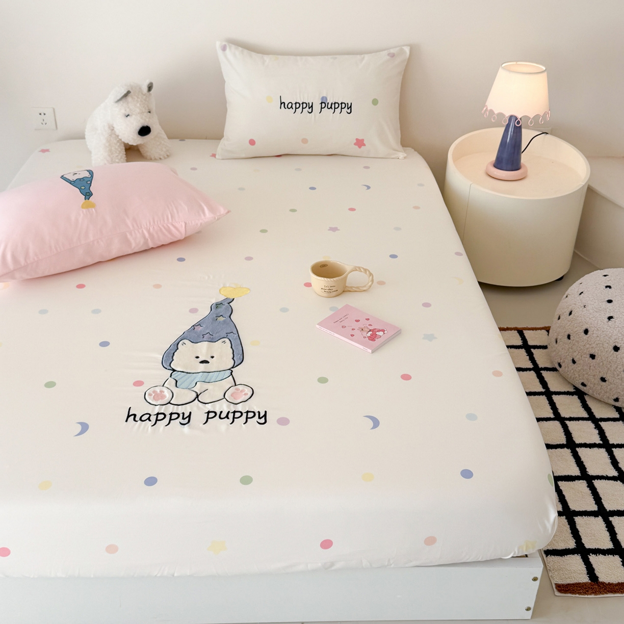 91家纺网 家纺一手货源 找家纺 吾欢心 2026新款水洗棉可爱卡通贴布绣花床笠单品床笠单件床笠三件套 开心露比