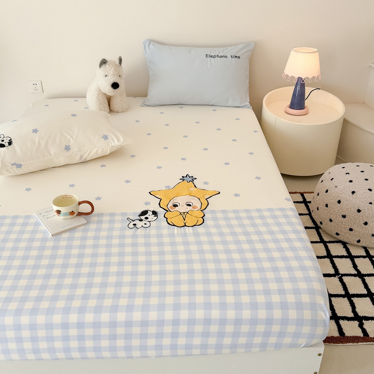 91家纺网 家纺一手货源 找家纺 吾欢心 2026新款水洗棉可爱卡通贴布绣花床笠单品床笠单件床笠三件套 星星宝贝